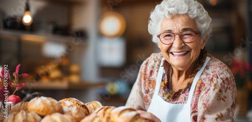 Elderly woman with glasses smiling while baking.