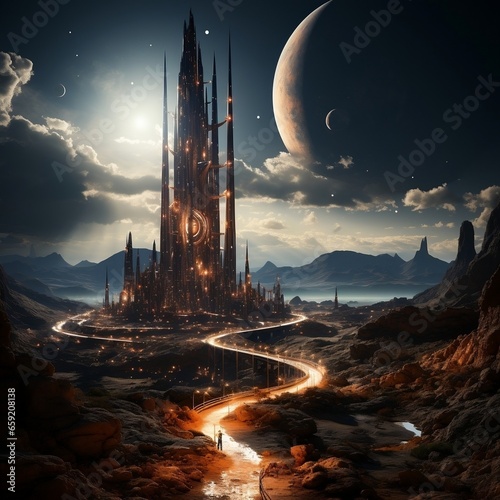 An alien space tower with moons and suns