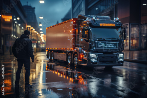 A person tracking the real-time location of a delivery truck using a mobile app, highlighting the importance of visibility in supply chain management. Concept of real-time tracking. Generative Ai.