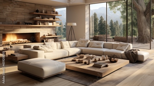Modern beige living room design. Generative AI © ProVector