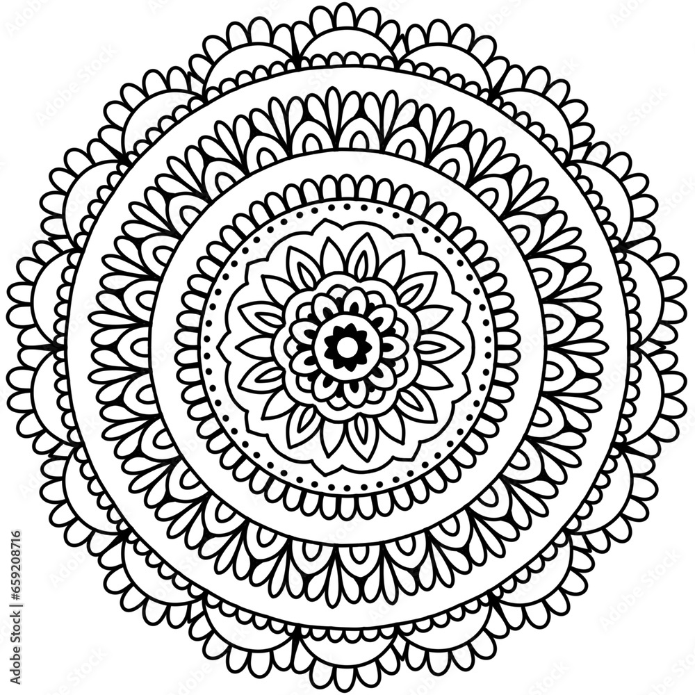 Mandala drawing on a white background, Ethnic mandala outline hand drawn, Decorative monochrome ethnic mandala pattern Islam, Arabic, Indian, morocca.