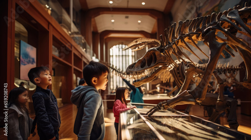 Fototapeta Naklejka Na Ścianę i Meble -  Generative AI, children, schoolchildren on an excursion to the prehistoric museum of paleontology looking at dinosaur skeletons, fossils, ancient lizards, education, architecture, boys, girls