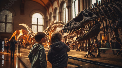 Generative AI  children  schoolchildren on an excursion to the prehistoric museum of paleontology looking at dinosaur skeletons  fossils  ancient lizards  education  architecture  boys  girls