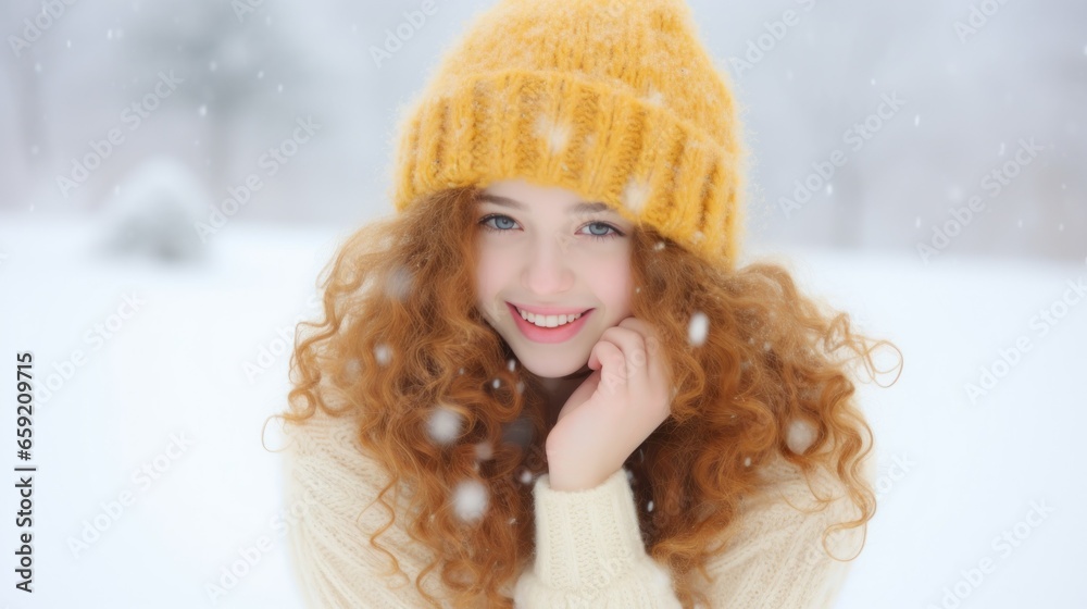 Young girl with red hair and a yellow beret sits in the snow and poses smiling Young girl with red hair and a yellow beret sits in the snow and poses smiling