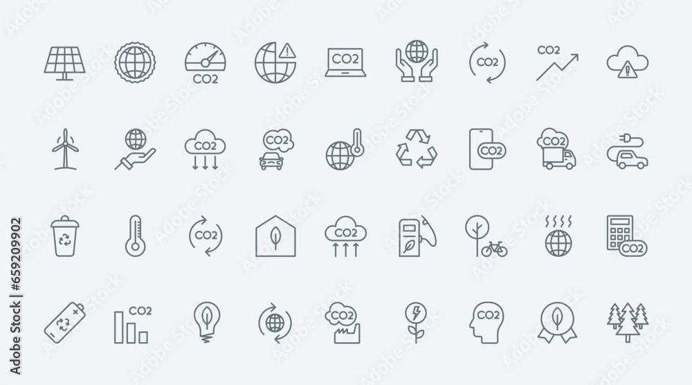 CO2 emissions thin line icons set vector illustration. Outline carbon neutral and net zero symbols, greenhouse gas and environment pollution reduction with eco friendly sustainable energy, industry CO2 emissions thin line icons set vector illustration. Outline carbon neutral and net zero symbols, greenhouse gas and environment pollution reduction with eco friendly sustainable energy, industry