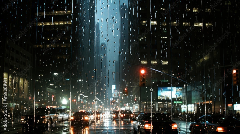 Fototapeta premium A crowded city view through a window filled with raindrops