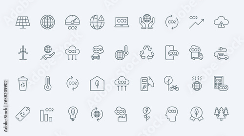 CO2 emissions thin line icons set vector illustration. Outline carbon neutral and net zero symbols, greenhouse gas and environment pollution reduction with eco friendly sustainable energy, industry