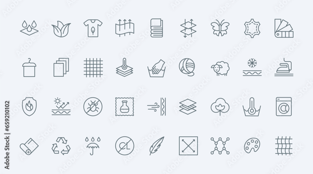 Fabric features and properties thin line icons set vector illustration. Outline black symbols of leather and wool, cotton textile and feather, antibacterial and waterproof materials and layers Fabric features and properties thin line icons set vector illustration. Outline black symbols of leather and wool, cotton textile and feather, antibacterial and waterproof materials and layers