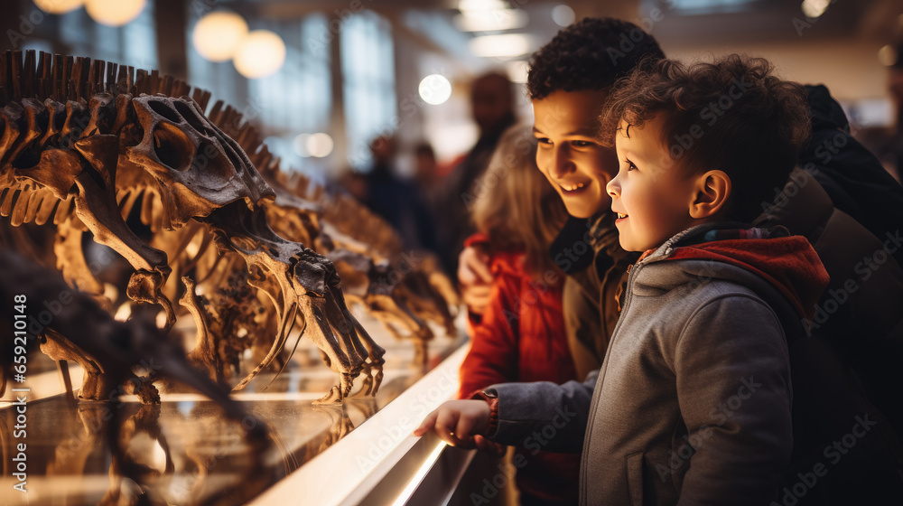 Generative AI, children, schoolchildren on an excursion to the prehistoric museum of paleontology looking at dinosaur skeletons, fossils, ancient lizards, education, architecture, boys, girls