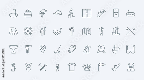 Golf thin line icons set vector illustration. Outline pictograms equipment collection for golfer, hole for ball and flag on grass field, putting activity of training player and cup award, electric car