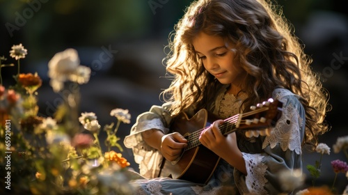 A young girl playing a ukulele outside during golden hour.