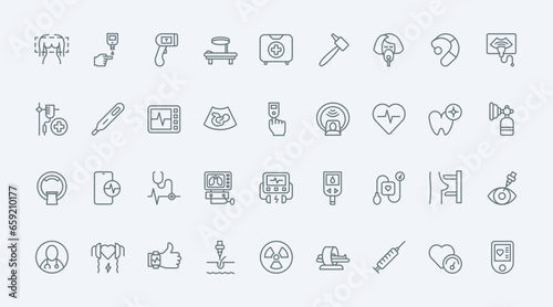 Medical devices thin line icons set vector illustration. Outline equipment and machine work to monitor health and diagnosis of patient, hospital EKG and glucometer, ultrasound scanner and thermometer