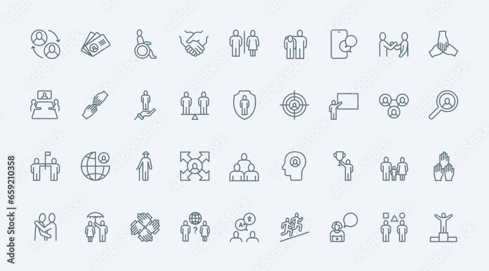 People, community thin line icons set vector illustration. Outline human society and business team organization symbols, silhouettes of person and family, gender equality, support and partnership