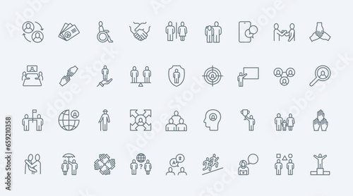 People, community thin line icons set vector illustration. Outline human society and business team organization symbols, silhouettes of person and family, gender equality, support and partnership
