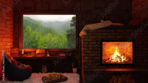 Rain with Fireplace 