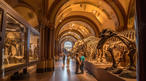 Generative AI  children  schoolchildren on an excursion to the prehistoric museum of paleontology looking at dinosaur skeletons  fossils  ancient lizards  education  architecture  boys  girls