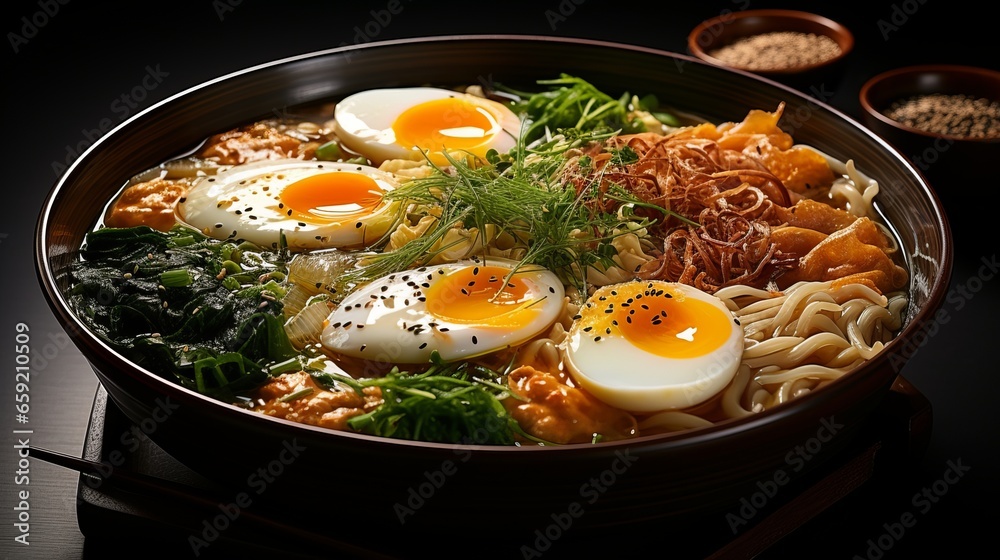 Ramen soup with eggs and chopsticks. Generative AI