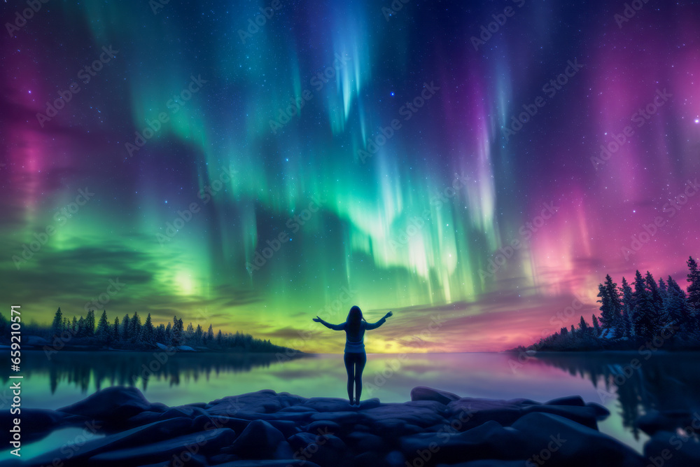 A lady enjoying aurora-inspired yoga. Earth's captivating and mysterious night sky over a calm lake. Embracing consciousness and soul. A concept for yoga, meditation, and the aurora.