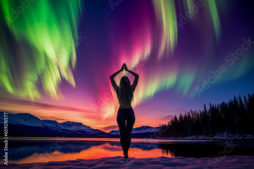 A lady doing yoga under the aurora. The Earth s lakeside boasts a mystical  enchanting night sky. Freeing the mind and soul for personal growth. A concept for yoga  meditation  and the aurora.