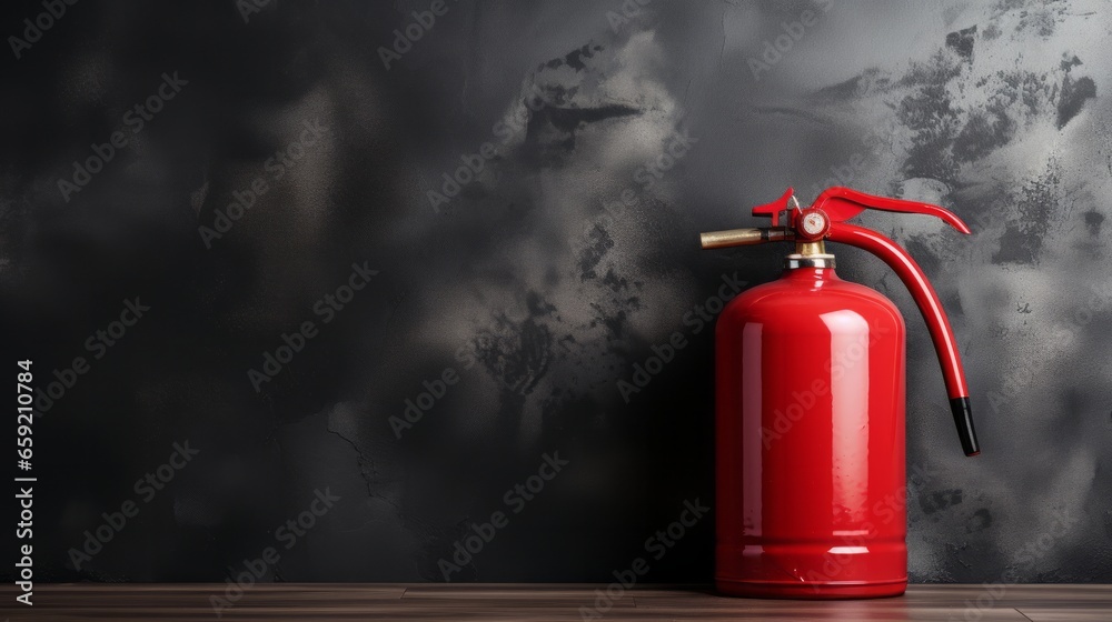 Red fire extinguisher on a gray wall with a white door. Generative AI Red fire extinguisher on a gray wall with a white door. Generative AI
