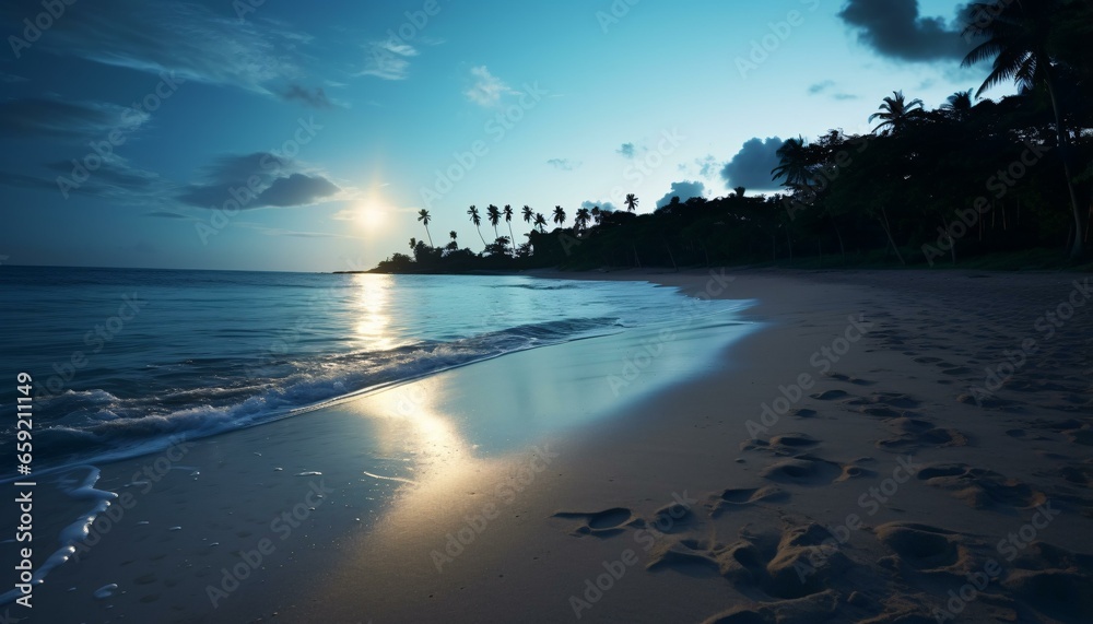 A serene beach with palm trees and footprints in the sand