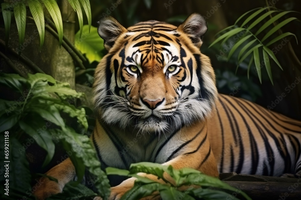 A majestic tiger resting in the heart of the jungle A majestic tiger resting in the heart of the jungle