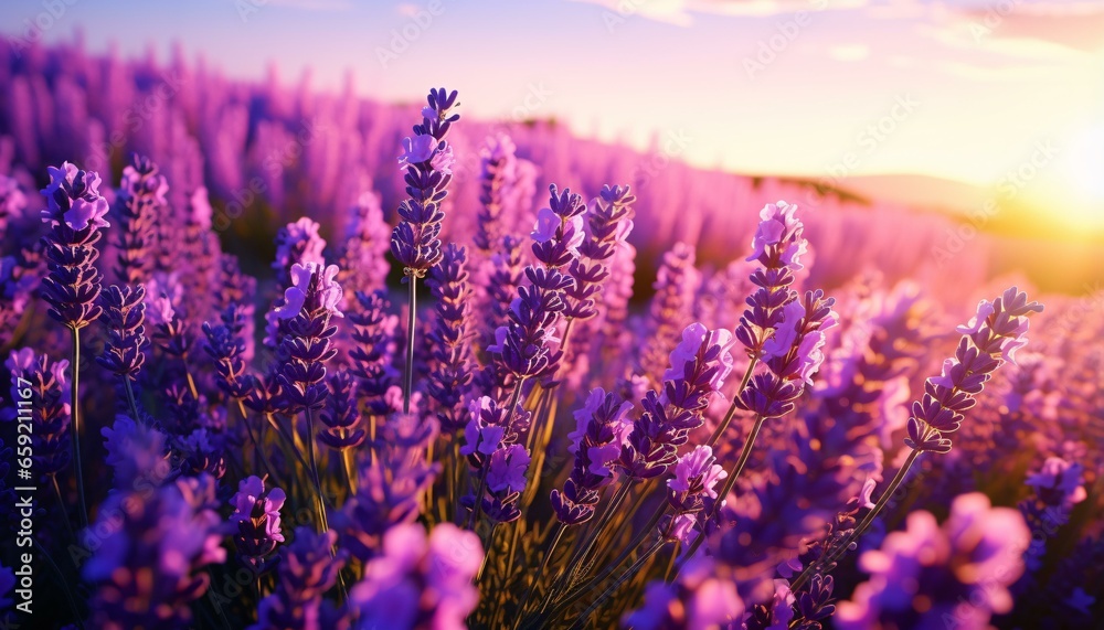 A vibrant lavender field basking in the golden glow of the setting sun A vibrant lavender field basking in the golden glow of the setting sun