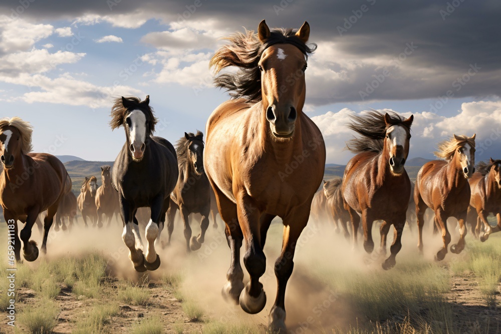 Fototapeta premium A dynamic herd of horses running across a golden dry grass field