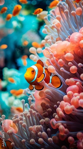 A vibrant clown fish swimming peacefully in an anemone © KWY