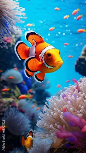 A colorful clown fish swimming gracefully in an aquarium © KWY