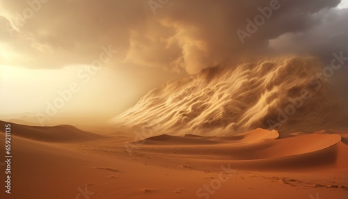 A beautiful desert landscape with sand dunes and dramatic clouds in the sky