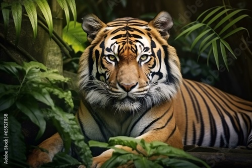A majestic tiger resting in the heart of the jungle