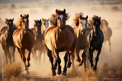 A dynamic herd of horses galloping across a golden grass field