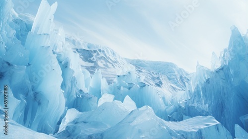A stunning aerial view of a vast cluster of majestic icebergs suspended in the clear blue sky