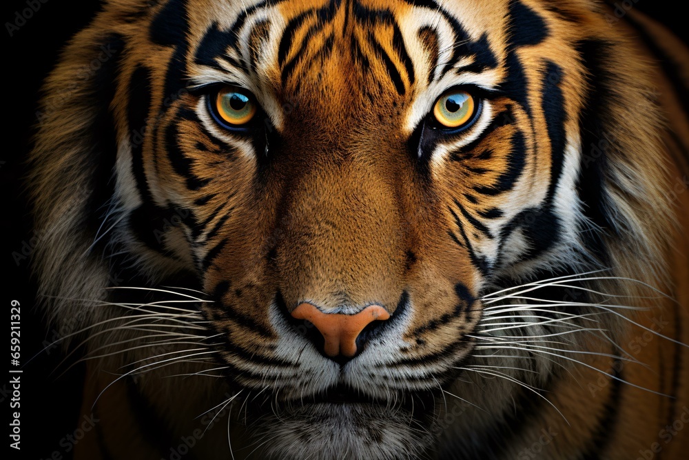 A majestic tiger's face in striking close-up against a dramatic black background