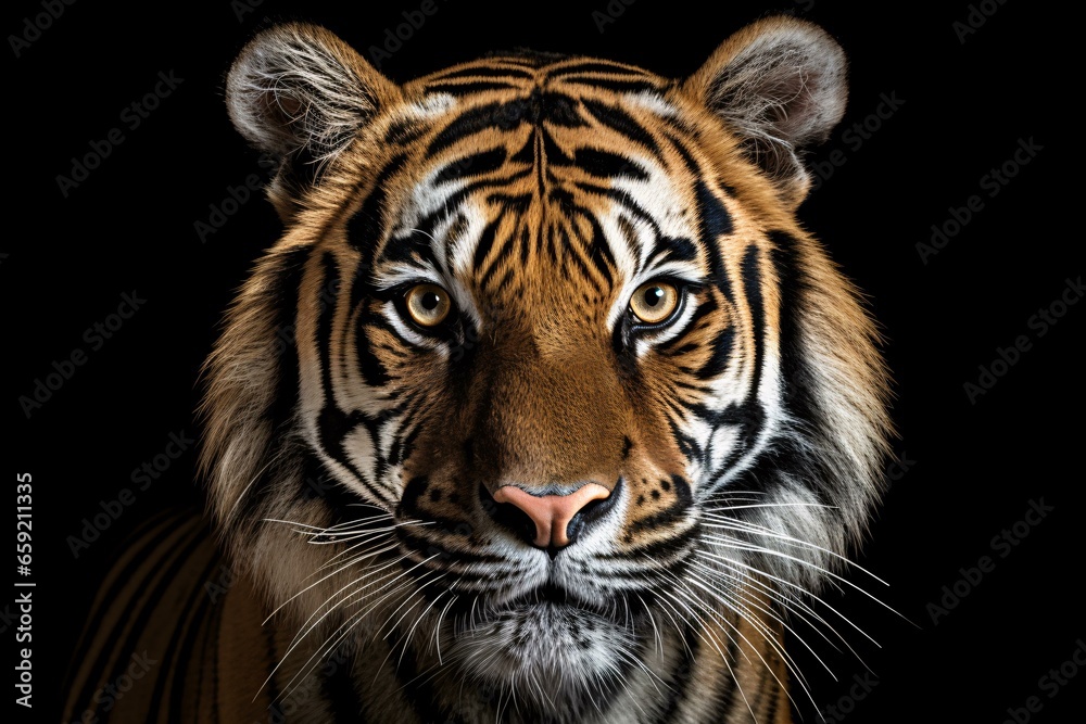 A majestic tiger up close against a dark backdrop