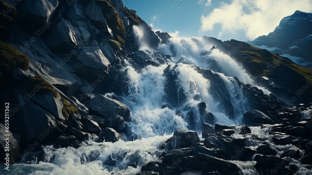 A majestic mountain with cascading waterfalls