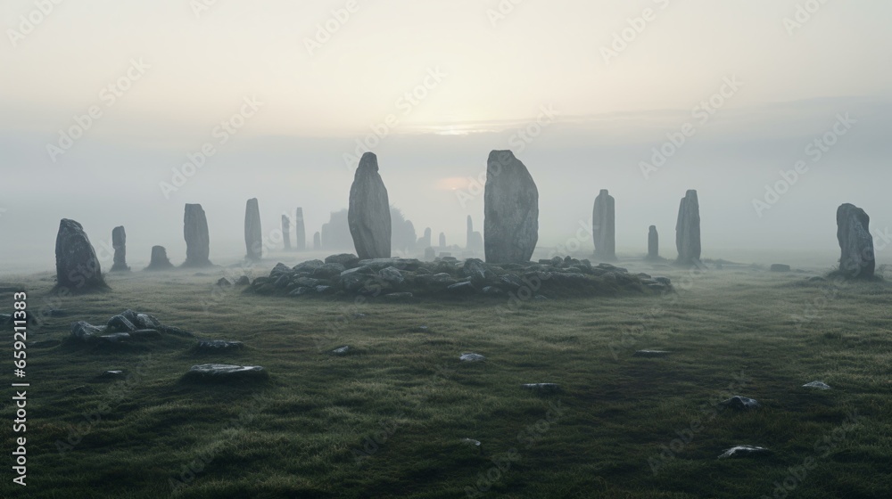 Stonehenge standing in a foggy field, creating a mysterious and atmospheric scene - obrazy, fototapety, plakaty 