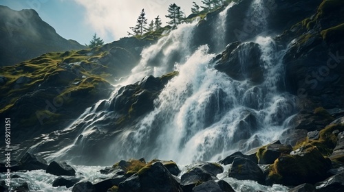 A majestic waterfall cascading with an abundance of water