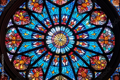 A vibrant stained glass window in a majestic building