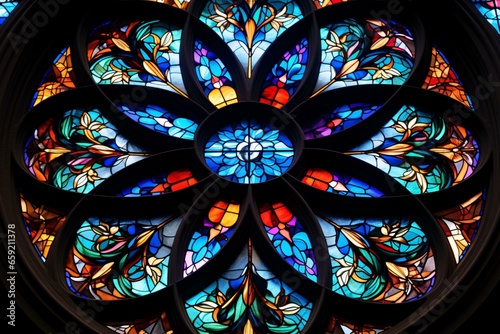 A vibrant stained glass window in a majestic church