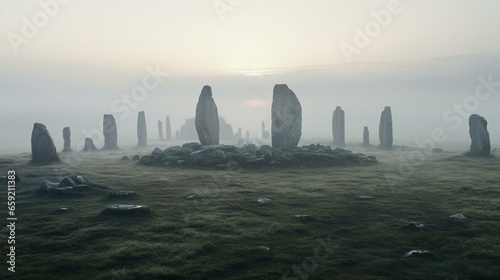 Stonehenge standing in a foggy field, creating a mysterious and atmospheric scene