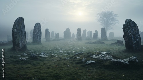Stonehenge surrounded by a mystical fog in a vast field photo