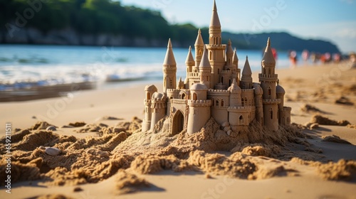 Sand castle constructed on a beach embodying creativit. Generative AI