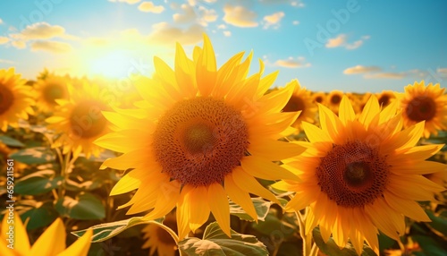 A beautiful field of sunflowers with the sun shining brightly in the background