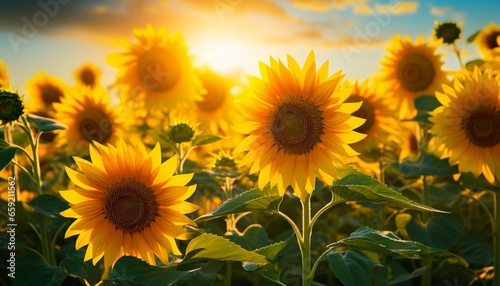 A beautiful sunset over a field of vibrant sunflowers