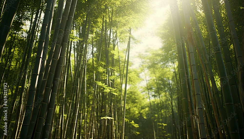 Sunlight streaming through a dense bamboo forest Sunlight streaming through a dense bamboo forest