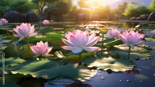 Pink water lilies floating on a serene lake