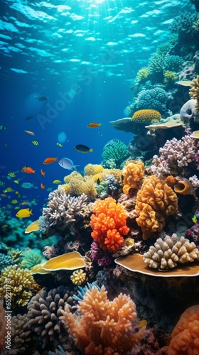 A vibrant coral reef teeming with diverse fish species