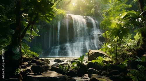 A breathtaking waterfall surrounded by vibrant greenery in a serene forest setting
